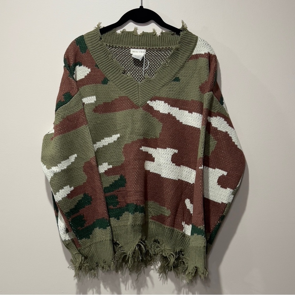 MAIN STRIP S Camouflage V Neck Distressed Sweater. Camo GI Joe Army Military